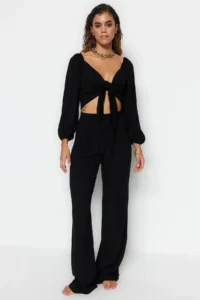 TRENDYOLMİLLA beachwear Black Weaving Binding Detailed Blouse-Pants Set - Image 2