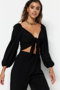 TRENDYOLMİLLA beachwear Black Weaving Binding Detailed Blouse-Pants Set - Image 3