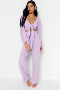 TRENDYOLMİLLA beachwear Lilac Weaving Binding Detailed Blouse-Pants Set - Image 2