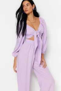TRENDYOLMİLLA beachwear Lilac Weaving Binding Detailed Blouse-Pants Set - Image 3