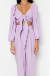 TRENDYOLMİLLA beachwear Lilac Weaving Binding Detailed Blouse-Pants Set - Image 4