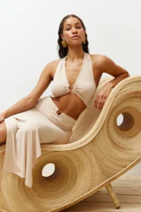TRENDYOLMİLLA beachwear Beige Knitting Accessory Detailed Blouse-Skirt Set