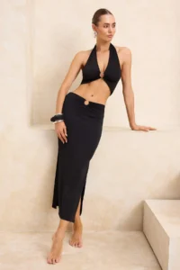 TRENDYOLMİLLA Black Knitting Accessory Detailed Beach Blouse-Skirt Set