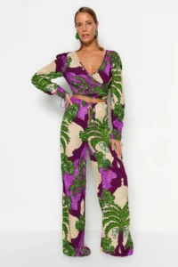 TRENDYOLMİLLA Tropical Patterned Weaving Beach High Waist Blouse-Pants Set - Image 2