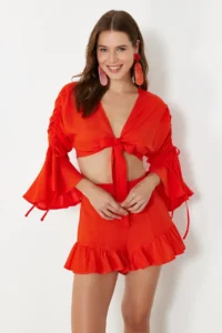 TRENDYOLMİLLA Rejection Weaving Frilly Beach Blouse-Skirt Set