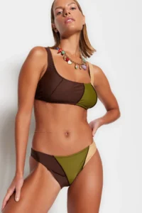 TRENDYOLMİLLA Green-Kahve Colour Block Normal Hem Bikini Bottom - Image 2