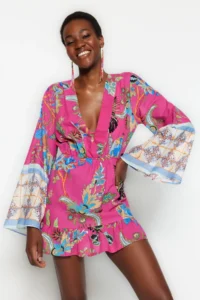 TRENDYOLMİLLA flower patterned Weaving with flywheel 100% Cotton Beach Mini Dress - Image 2