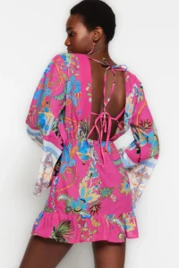 TRENDYOLMİLLA flower patterned Weaving with flywheel 100% Cotton Beach Mini Dress - Image 3