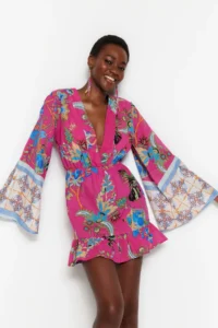 TRENDYOLMİLLA flower patterned Weaving with flywheel 100% Cotton Beach Mini Dress - Image 4