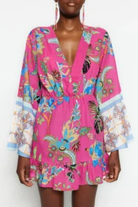 TRENDYOLMİLLA flower patterned Weaving with flywheel 100% Cotton Beach Mini Dress - Image 5