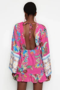 TRENDYOLMİLLA flower patterned Weaving with flywheel 100% Cotton Beach Mini Dress - Image 6