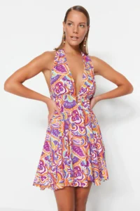 TRENDYOLMİLLA Abstract Patterned Weaving Low-cut back Beach Mini Dress - Image 3
