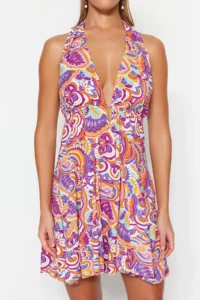 TRENDYOLMİLLA Abstract Patterned Weaving Low-cut back Beach Mini Dress - Image 4