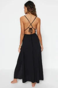 TRENDYOLMİLLA beachwear Black Weaving Shirred Maxi Dress - Image 6
