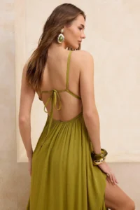 TRENDYOLMİLLA Khaki Weaving Shirred Maxi Beach Dress - Image 4