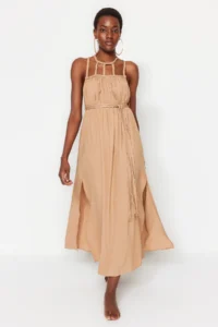TRENDYOLMİLLA Brown Weaving Low-cut back Beach Midi Dress