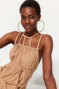 TRENDYOLMİLLA Brown Weaving Low-cut back Beach Midi Dress - Image 2
