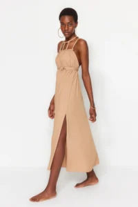 TRENDYOLMİLLA Brown Weaving Low-cut back Beach Midi Dress - Image 3