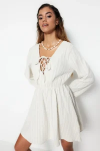 TRENDYOLMİLLA Ecru Weaving Binding Detailed Beach Mini Dress - Image 3