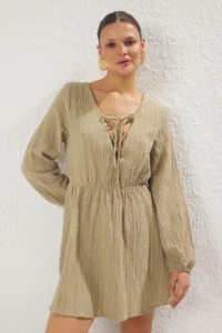 TRENDYOLMİLLA Khaki Weaving Binding Detailed Beach Mini Dress