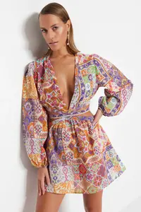TRENDYOLMİLLA beachwear 100% Cotton Ethnic Patterned Weaving Cut Out Mini Dress