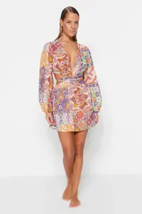 TRENDYOLMİLLA beachwear 100% Cotton Ethnic Patterned Weaving Cut Out Mini Dress - Image 2