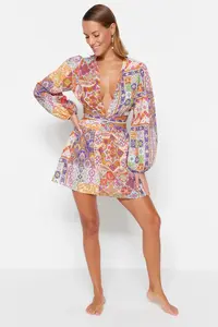 TRENDYOLMİLLA beachwear 100% Cotton Ethnic Patterned Weaving Cut Out Mini Dress - Image 3