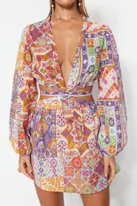TRENDYOLMİLLA beachwear 100% Cotton Ethnic Patterned Weaving Cut Out Mini Dress - Image 4
