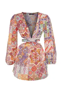 TRENDYOLMİLLA beachwear 100% Cotton Ethnic Patterned Weaving Cut Out Mini Dress - Image 7