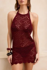 TRENDYOLMİLLA Burgundy Knitting Low-cut back Beach Mini Dress - Image 2