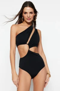 TRENDYOLMİLLA Black Tunnelated One Shoulder Covered Regular Swimsuit - Image 2