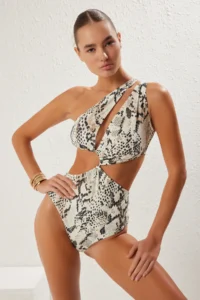 TRENDYOLMİLLA Snake Patterned Tunnelled One Shoulder Covered Regular Swimsuit