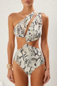 TRENDYOLMİLLA Snake Patterned Tunnelled One Shoulder Covered Regular Swimsuit - Image 3