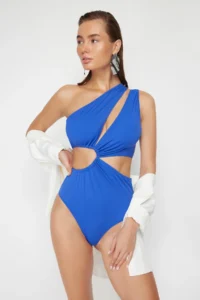 TRENDYOLMİLLA Saks Blue tunnelled One Shoulder Covered Regular Mayokini - Image 2