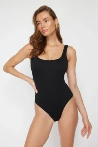 TRENDYOLMİLLA Black textured Square Neck Covered Regular Swimsuit - Image 2