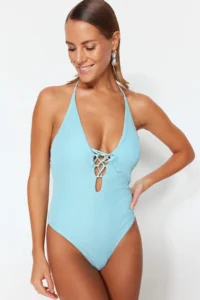 TRENDYOLMİLLA Mavi Derin Dekolteli Piped Simli Normal Hem Swimsuit