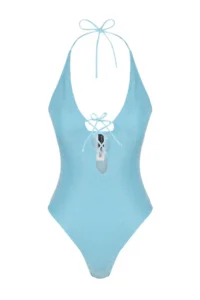 TRENDYOLMİLLA Mavi Derin Dekolteli Piped Simli Normal Hem Swimsuit - Image 7
