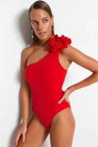 TRENDYOLMİLLA Dark Rejection Applique Detailed One Shoulder Covered brazilian Swimsuit - Image 3