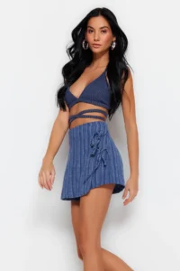 TRENDYOLMiLLA beachwear Blue Weaving Binding Detailed High Waist Mini Shorts & Bermuda - Image 2