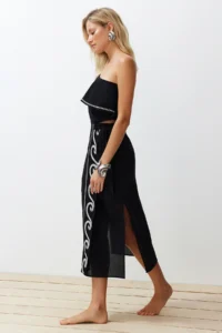 TRENDYOLMİLLA beachwear 100% Cotton Black Weaving with flywheel One Shoulder Blouse Skirt Set - Image 2