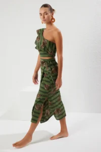 TRENDYOLMİLLA Leopard Patterned with flywheel One Shoulder 100% Cotton Blouse Skirt Beach Set