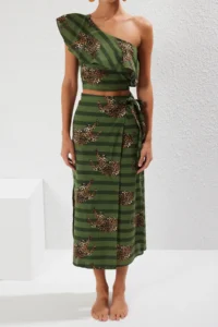 TRENDYOLMİLLA Leopard Patterned with flywheel One Shoulder 100% Cotton Blouse Skirt Beach Set - Image 3