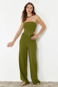 TRENDYOLMiLLA Khaki Weaving Blouse Pants Beach Set - Image 2