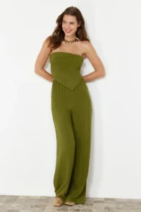 TRENDYOLMiLLA Khaki Weaving Blouse Pants Beach Set - Image 3