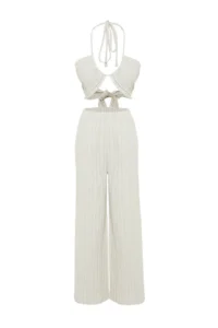 TRENDYOLMİLLA Ecru Weaving linen blended Blouse Pants Beach Set - Image 5