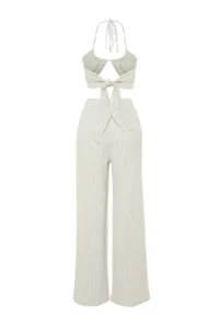 TRENDYOLMİLLA Ecru Weaving linen blended Blouse Pants Beach Set - Image 7