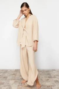 TRENDYOLMİLLA beachwear Beige Weaving tied up linen blended Shirt Pants Set