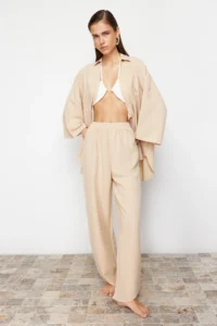 TRENDYOLMİLLA beachwear Beige Weaving tied up linen blended Shirt Pants Set - Image 2