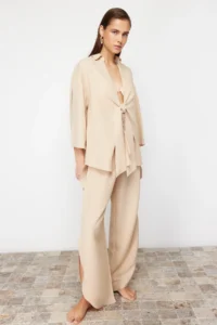 TRENDYOLMİLLA beachwear Beige Weaving tied up linen blended Shirt Pants Set - Image 3