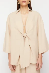 TRENDYOLMİLLA beachwear Beige Weaving tied up linen blended Shirt Pants Set - Image 4